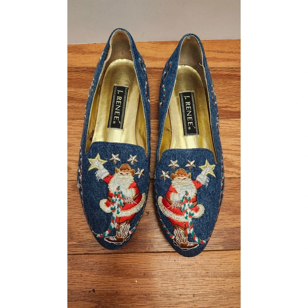 J Renee Santa Holiday Ballet Flats Women's 7 M‎ Blue Embroidered Slip On Vintage